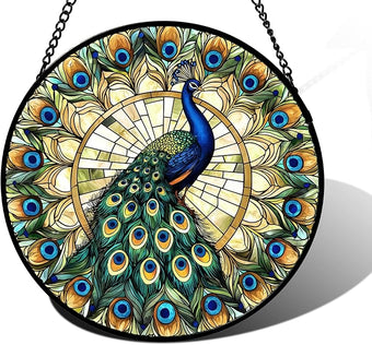 Stained Glass Window Hanging - Retro Peacock Decoration Suncatcher for Door Garden Home Bird Feather Sun Catchers Christmas Mother's Day Birthday Gifts for Women Men Mom Nana Friend 6.3 in