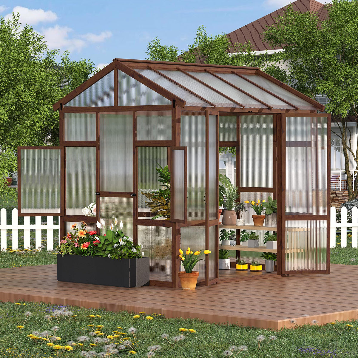 GarveeLife 6x8 ft Wooden Greenhouse for Outdoor - Heavy Duty Walk-in Green House Kit with 6 mm Polycarbonate,Ventilated Window & Lockable Door for Backyard,Patio,Lawn