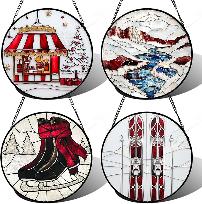 AMDERVEN Stained Glass Window Hanging 4 Pcs Set Winter Skiing Red Christmas House 9.8" - Suncatcher Door Garden Sun Catcher Decor Birthday Mother's Day for Mom Woman Nana Friend