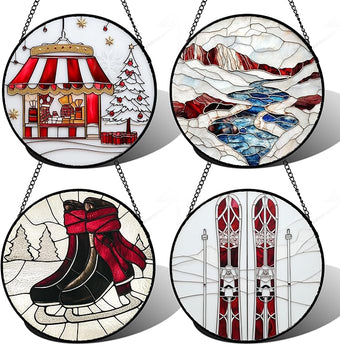 AMDERVEN Stained Glass Window Hanging 4 Pcs Set Winter Skiing Red Christmas House 9.8" - Suncatcher Door Garden Sun Catcher Decor Birthday Mother's Day for Mom Woman Nana Friend