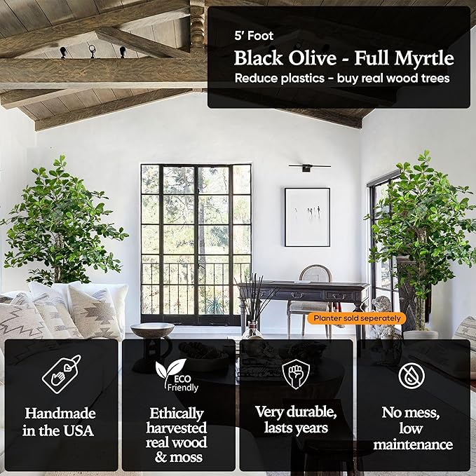 Cypress & Alabaster Handmade 5ft Italian Black Olive Leaf Artificial Tree with Ethically Sourced Real Wood Trunks, Hypoallergenic, 5-Foot, Green