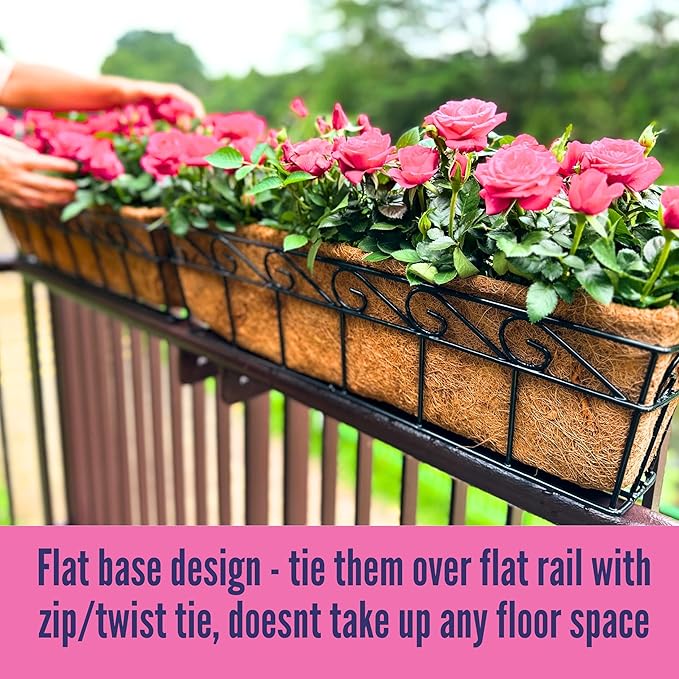 LaLaGreen Large Window Flower Boxes - 2 Pack, 24 Inch Balcony Planter, Deck Railing Planters with Coco Liners Outdoor Wall Pot Plant Holder, Black Metal Horse Trough Fence Patio Porch Over Rail Decor