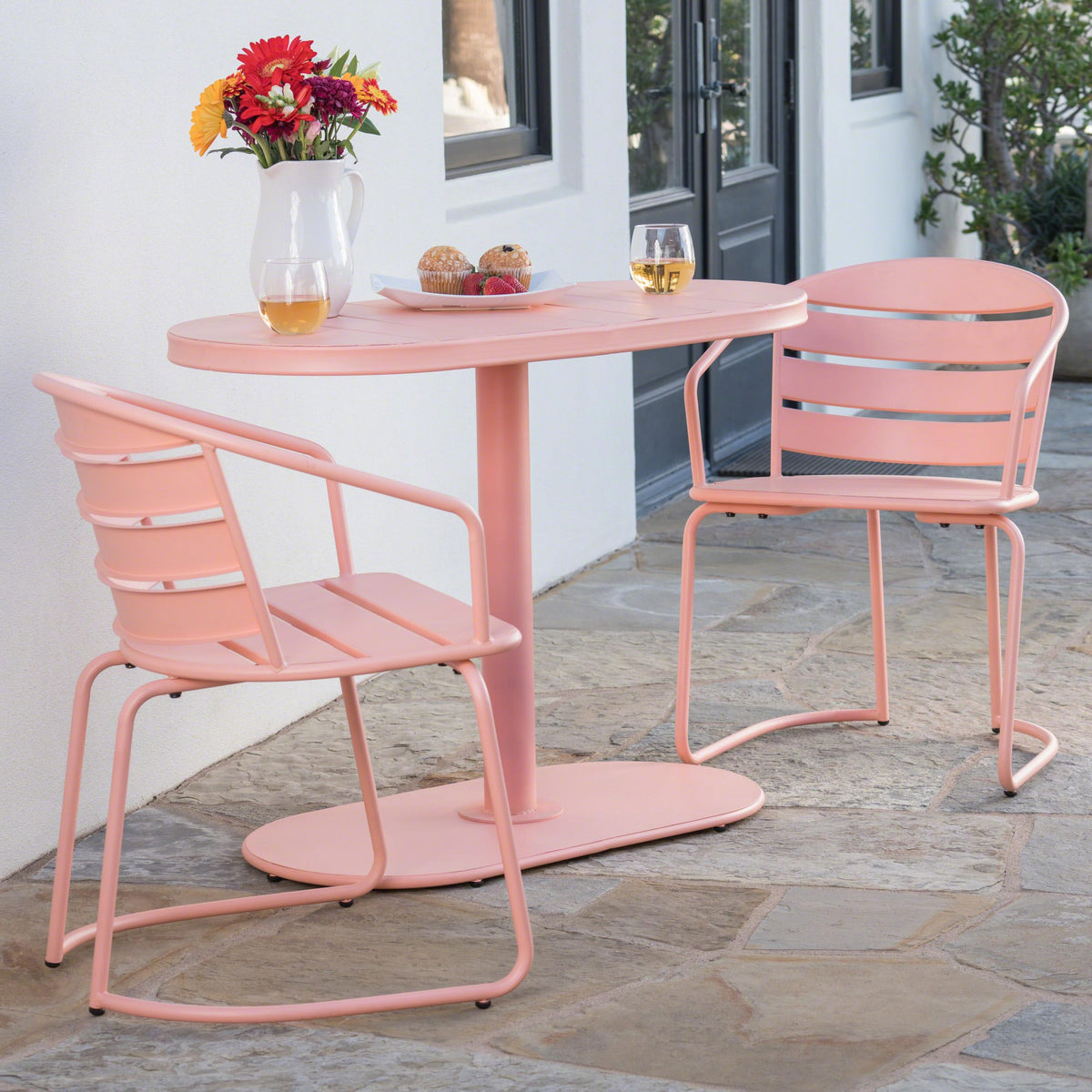 Tomofcessn Coral 3 Piece Outdoor Bistro Set, Outdoor Table and Chairs Set for Patio Balcony Porch, Stylish Small Space Conversation Set, Metal Furniture with Weather Resistant Finish