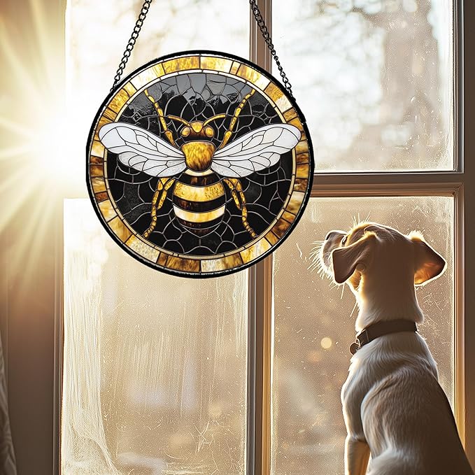 AMDERVEN Stained Glass Window Hanging - Black Gold Bee White Wings Sun Catcher for Door Home Decor Insect Suncatcher Christmas Mother's Day Birthday Gifts for Women Men Lovers Mom Nana 11.8 in