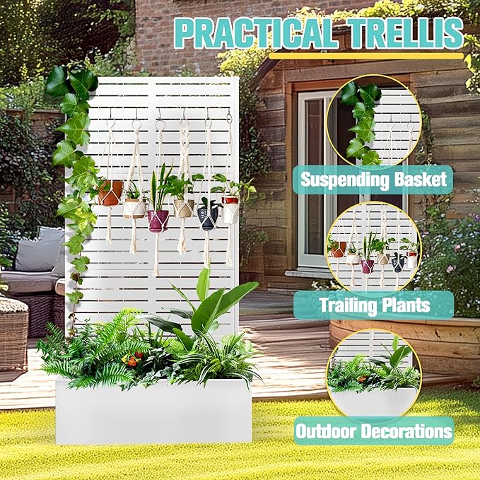 71"x35"x16" Metal Planter Box with Trellis Raised Garden Bed with Trellis, Planter Box & Privacy Screen for Climbing Plants, Vegetable, Vines(White, Louvered)