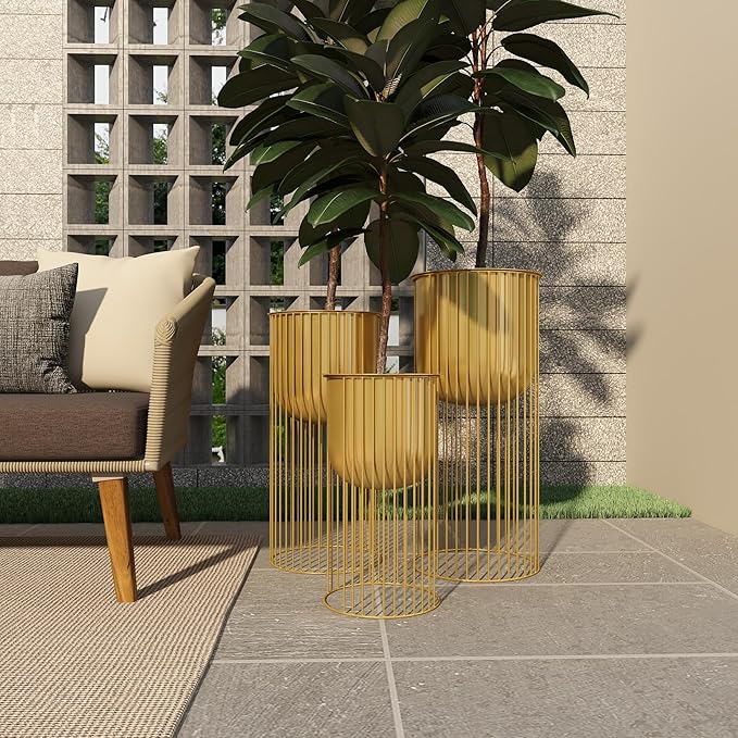 Deco 79 Metal Indoor Outdoor Planter Deep Recessed Dome Large Planter Pot with Elevated Caged Stand, Set of 3 Planters 24", 20", 16"H, Gold