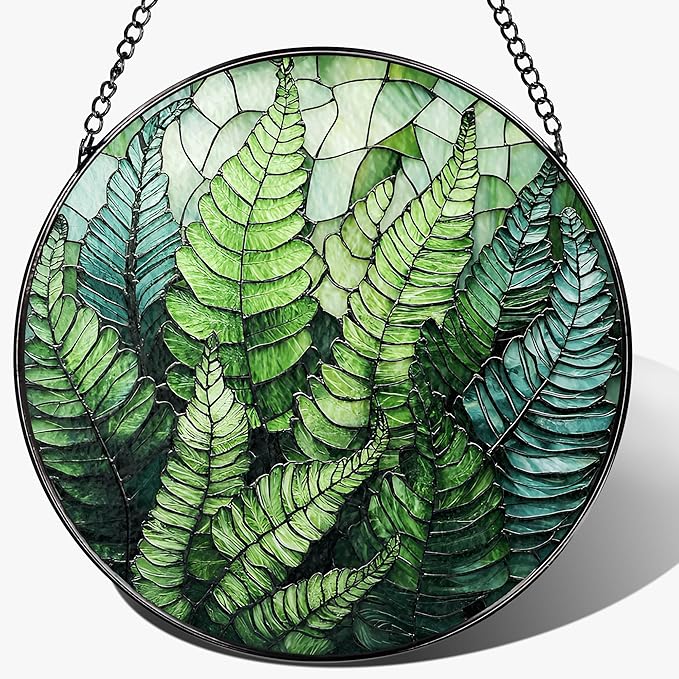LAOWEIKI 8'' Fern Plant Sun Catcher Ornament, Stained Glass Window Hanging, Sun Catchers for Windows Hanging Ornaments, Window Decor | Plant Lover Gifts, Housewarming Gifts