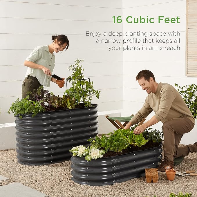 Best Choice Products 4x2x2ft Outdoor Metal Raised Garden Bed, Oval Deep Root Planter Box for Vegetables, Flowers, Herbs, and Succulents w/ 101 Gallon Capacity, Rubber Edge Guard - Charcoal