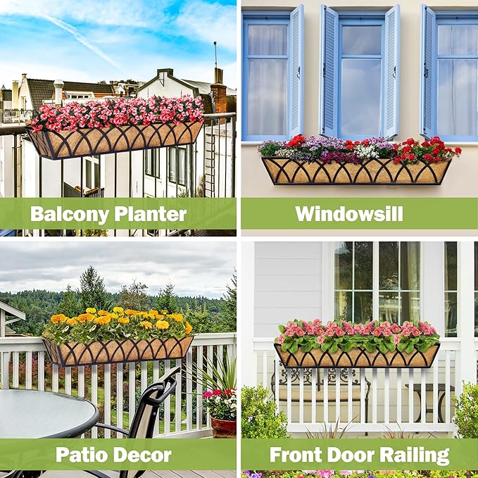 Y&M 30 Inch Fence Metal Hanging Flower Planter Window Basket Deck Railing Planter Boxes for Outdoor Garden Lawn, Window Deck with Coco Liner,6pcs