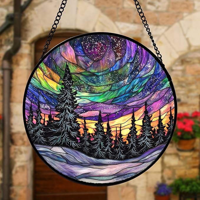 Stained Glass Window Hanging, Van Gogh Night Scene Sun Catchers Colorful Glass Panel Starry Sky Suncatcher Decor for Birthday for Women, Men, Wife, Aunt, and Mom 11.8x11.8 in