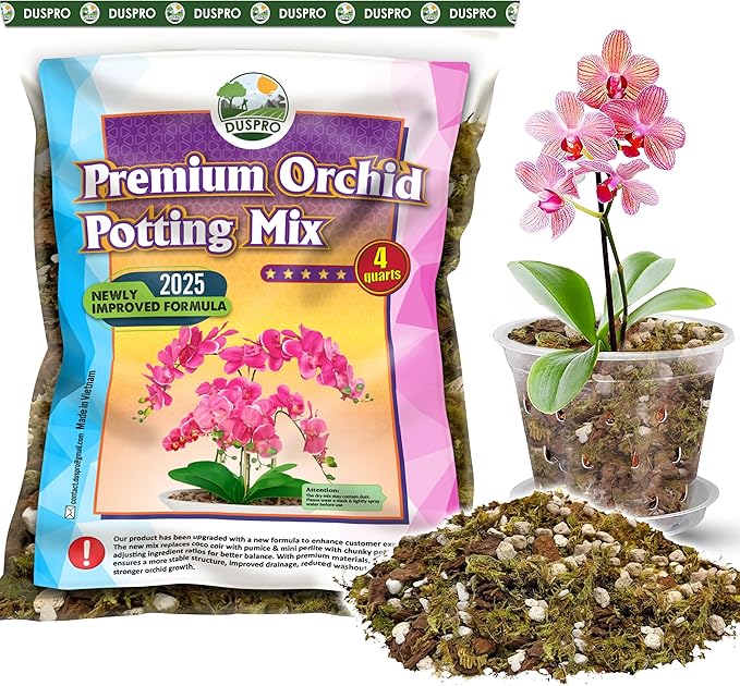 [Upgraded] DUSPRO Orchid Potting Mix for Repotting with Forest Moss, Pine Bark, Perlite & Pumice, Orchid Bark Potting Mix,Orchid Repotting Soil, Drainage Indoor Potting, Orchid Pot Not Included, 4 QT