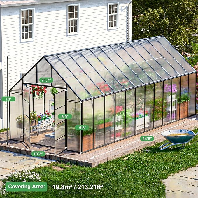 CDCASA 24x10x10 FT Greenhouse for Outdoors, Large Thicker Aluminum Heavy Duty Polycarbonate Greenhouses Kit w/5 Vent Windows, Swing Door, Walk-in Green House for Sunroom Patio,Backyard