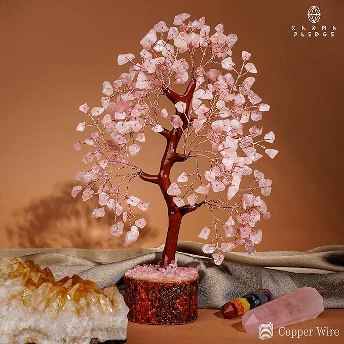 Rose Quartz Crystal Tree of Life for Women Office Decor, Good Luck, Money, Meditation, Positivity, Handmade Healing Crystal Stones Bonsai Tree Spiritual Birthday Gifts for Women