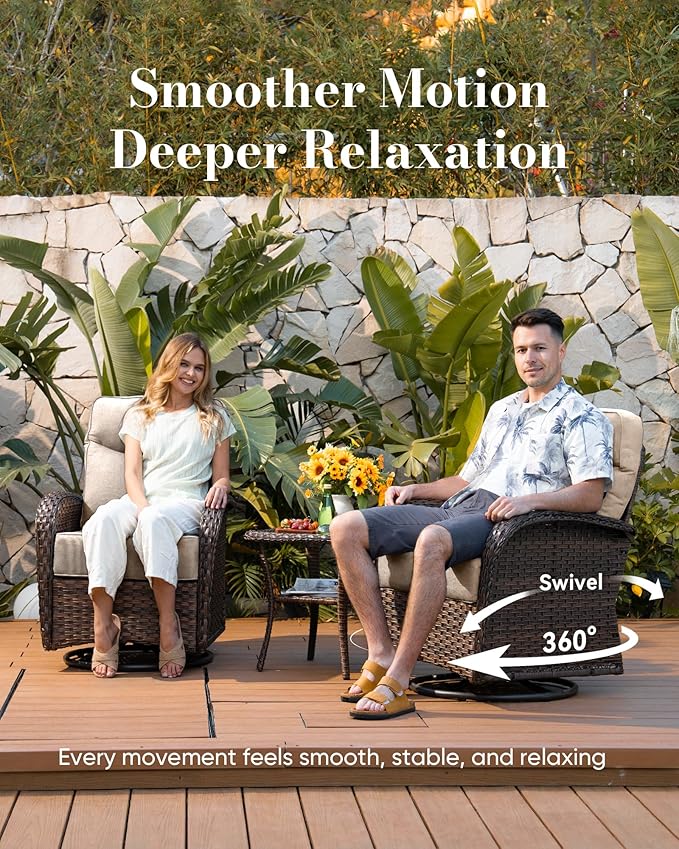 Belord Upgraded 6“ Cushion Luxury Patio Furniture Set with Fire Pit Table - 11 Piece Wicker Outdoor Furniture with High Back Swivel Rocker Patio Chairs, Conversation Set for Deck Porch - Brown/Beige