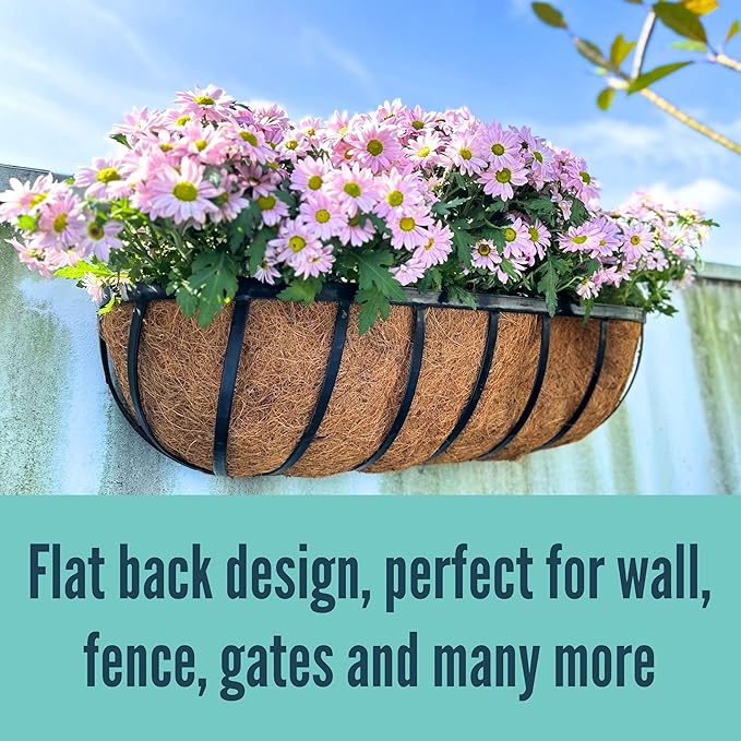 LaLaGreen Outdoor Wall Planter - 30 Inch, 2 Pack Black Metal Window Boxes Planters Attach to House, Large Flower Basket Deck Railings Hanging with Coco Liner Horse Troughs Fence Balcony Patio Porch