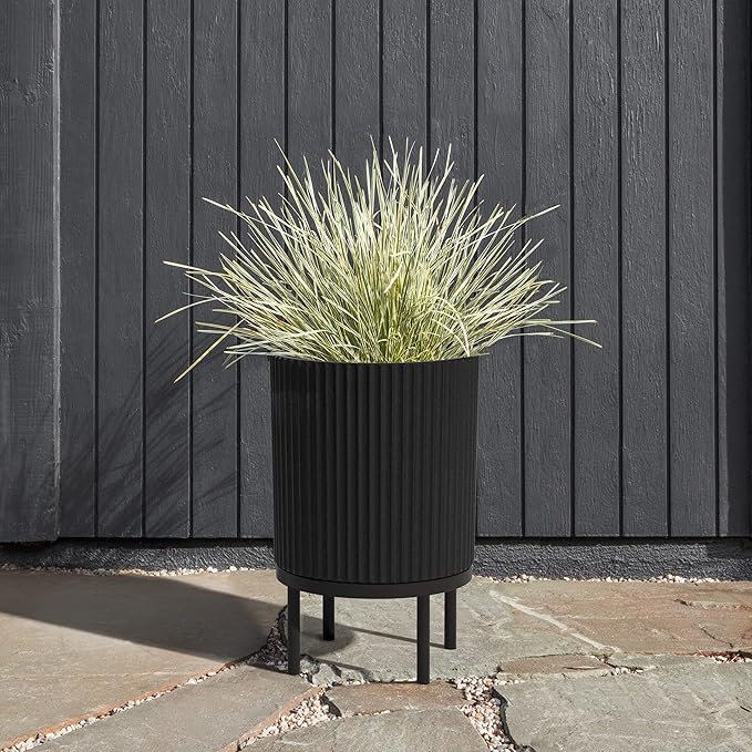Veradek Demi Series Round Planter w/Stand for Porch/Patio | Durable Plastic-Stone Composite & Wooden Stand | Modern Décor for Tall Plants, Flowers