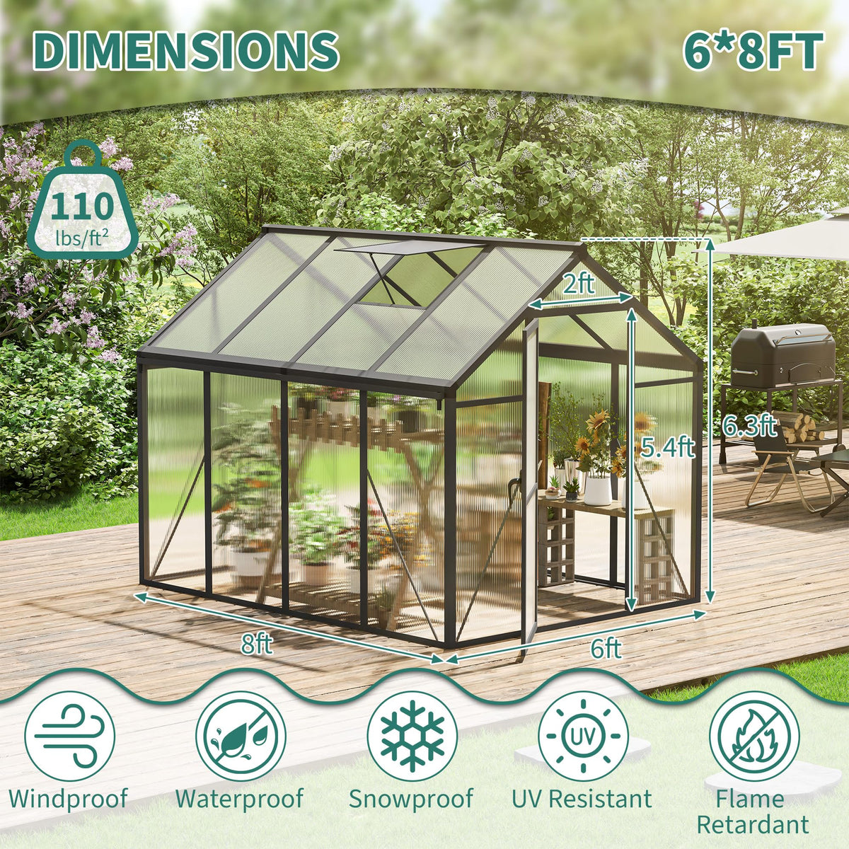 Garvee 6x8ft Walk-in Greenhouse, Heavy Duty Large Outdoor Green House