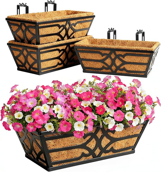 Railing Planter Box, Window Planter Boxes Outdoor 4 Pack 16 Inch Hanging Planter with Adjustable Bracket for Porch, Fence Flower Baskets with Coco Liners