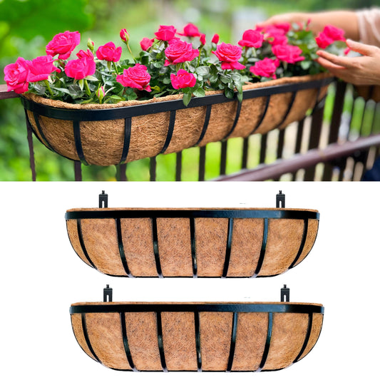 LaLaGreen Railing Planter Box (24 Inch, 2 Pack) Black Metal Rectangular Hanging Planters with Coco Liner, Flower Boxes Brackets for Deck Railings Outdoor Plants Over Rail Fence Balcony Patio Porch