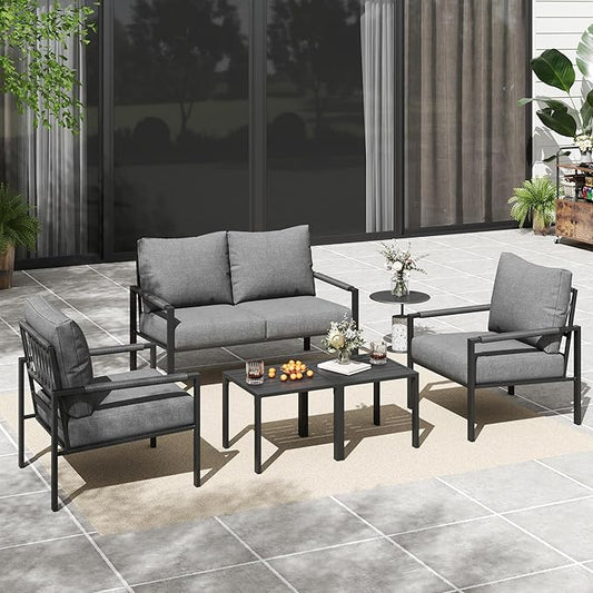 5 Pieces Rattan Outdoor Furniture Set, All-Weather Patio Conversation Set with Dark Grey Cushions and Coffee Tables for Garden, Backyard, Balcony, Poolside