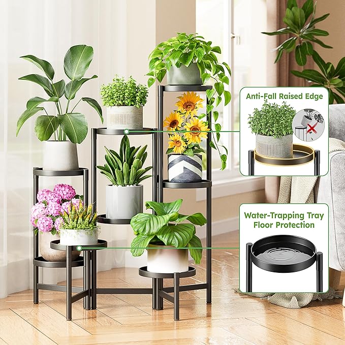 NQW 8 Tiered Plant Stand Indoor for Multiple Large Planter, Tall Heavy Duty Adjustable Folding Rack with Rustproof 7.9 Inch Wide Tray, Plant Shelf for Corner Living Room - BlackDisk
