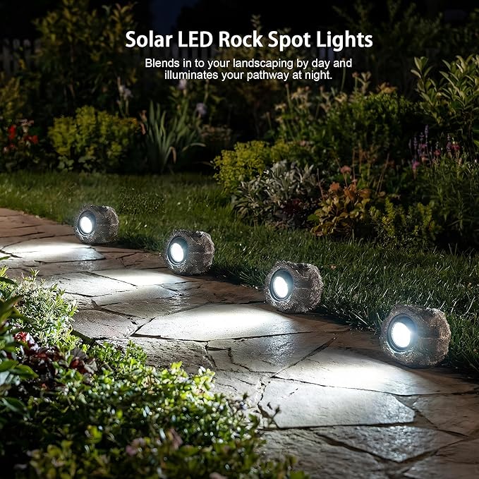 Solar Garden Rock Lights Outdoor - IP65 LED Waterproof Solar Spotlight, Solar Powered Landscape Path Decorative Garden Stone Lights for Pathway, Walkway, Yard, Patio (2 Pack)
