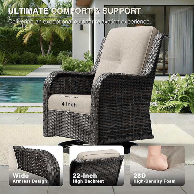 Joyside 5 Piece Wicker Patio Furniture Set, Outdoor Swivel Rocker Patio Chairs with High Back, Deep Seating, Wide Armrest, Thickened Cushions, Outdoor Furniture for Deck, Porch Use