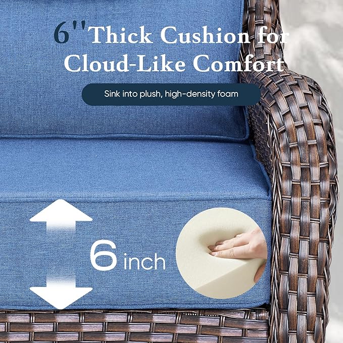 Belord Luxury 6" Thick Cushioned Outdoor Swivel Rocker Patio Chairs with Side Table, High Back Wicker Furniture Set with Ergonomic Zone Back, Conversation Glider Set for Deck Porch - Brown+Blue