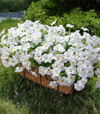 Artificial Flowers for Outdoors Fake Plants Outside Decoration, 20 Bundles White Silk Petunia with Eucalyptus UV Resistant Realistic Faux Flowers for Outdoor Planters Garden Balcony Yard Porch Patio