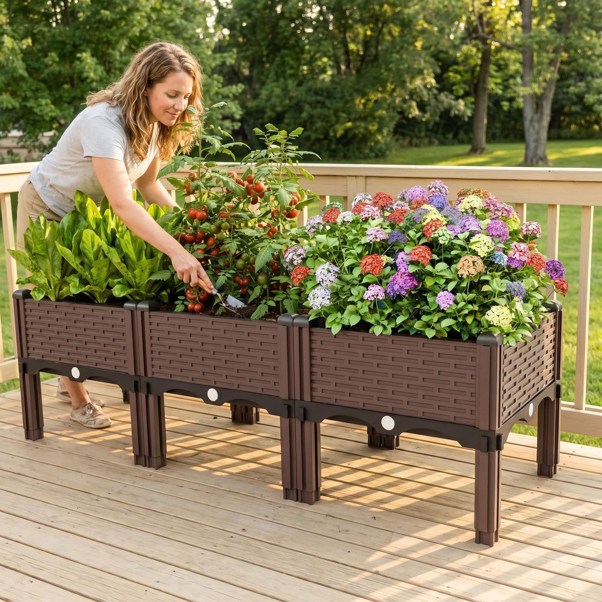 Growchum Modular Raised Garden Bed Kit – DIY Stackable Plant Stand with Self-Watering, 47.24"x15.75"x14.17" Brown Plastic Planter for Herbs, Veggies & Flowers, Includes Vertical Trellis System
