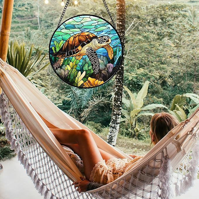 HWRHTR Stained Glass Window Hanging - Cute Sea Turtle Suncatcher for Door Garden Yard Blue Ocean Sun Catchers Decor Christmas Mother's Day Birthday Children's Gifts for Women Mom Nana Friend 9.8 in