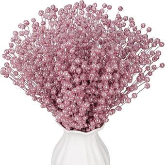 Syhood 200 Pcs Glitter Berry Stems, 13.8 Inches Christmas Berry Picks Holly Branches for Christmas Tree Decorations, Holiday Ornaments Home Decor and DIY Crafts(Pink)