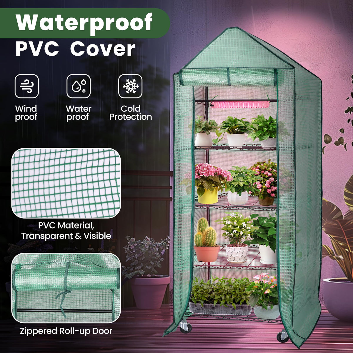 DazSpirit 4-Tier Mini Indoor Greenhouse with Grow Light, 70 x 23 x 19 in