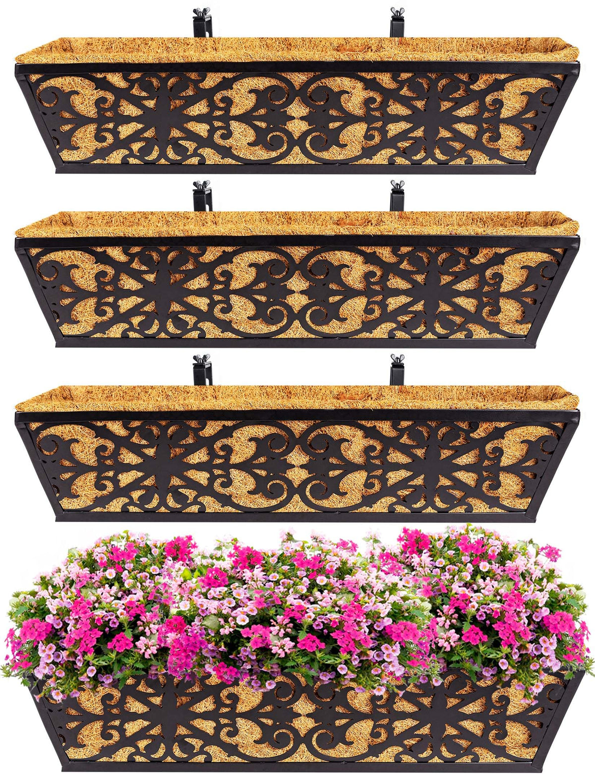 Karlliu 4 Pack 24 Inch Window Boxes Planters Railing Planter Box with Adjustable Brackets & Coco Liners Fabric Plant Grow Bags Deck Railing Planter Boxes Balcony Hanging Flower Box for Outdoor Plants