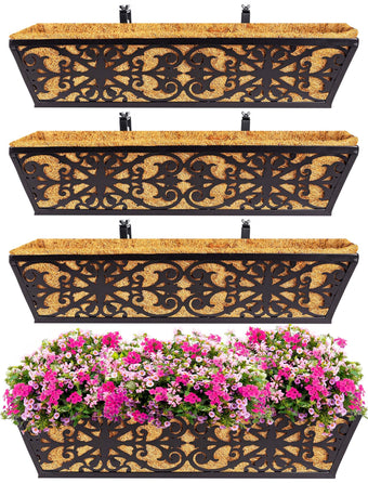 Karlliu 4 Pack 24 Inch Window Boxes Planters Railing Planter Box with Adjustable Brackets & Coco Liners Fabric Plant Grow Bags Deck Railing Planter Boxes Balcony Hanging Flower Box for Outdoor Plants