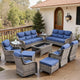Belord Luxury 6" Thick Cushioned 11 Pieces Patio Furniture Set with Outdoor Couch, Wicker Outdoor Conversation Set with High Back Swivel Rocker Chairs for Deck Porch Yard and Poolside - Grey+Blue