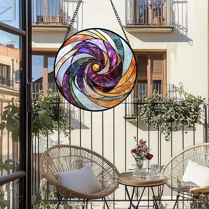Stained Glass Window Hanging, Colorful Abstract Spiral Pattern Suncatcher for Doors Window Home Sun Catchers Decoration Mother's Day Birthday Gifts for Women, Men, and Mom 9.8 in