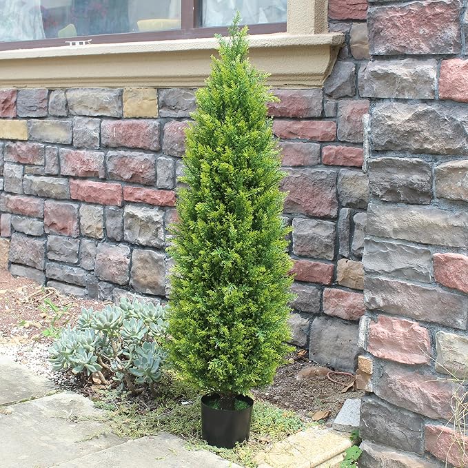 Two 4ft Artificial Topiary Tree Fake Bushes Potted Plants UV Resistant Faux Cedar Trees Artificial Outdoor Shrubs for Front Porch Garden