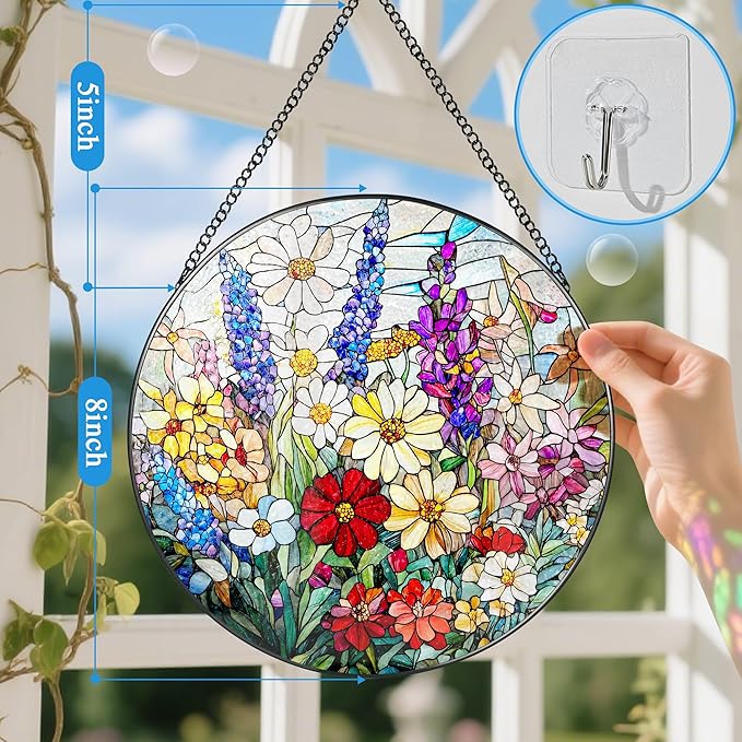 Stained Glass Window Hanging, 8 Inch Wildflower Stained Glass Suncatcher, Suncatchers for Windows Hanging, Wildflower Window Decor, Florist Gift, Flower Lover Gifts, Gifts for Mom, Grandma