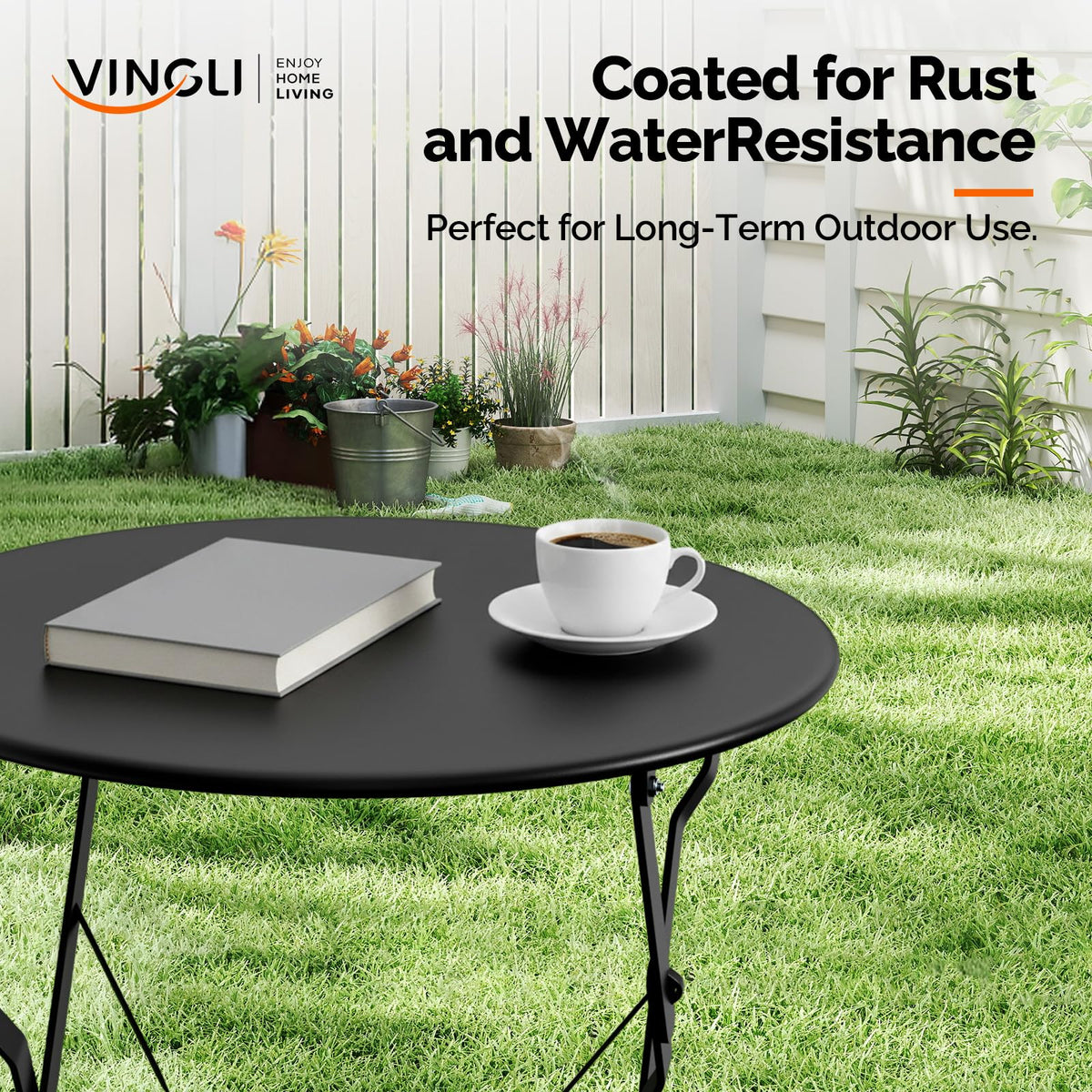 VINGLI Outdoor Folding Bistro Table and Chairs Set of 2, 3-Piece Bistro Set with Premium Steel Frame for Patio, Balcony, Garden, Porch, Yard, Black