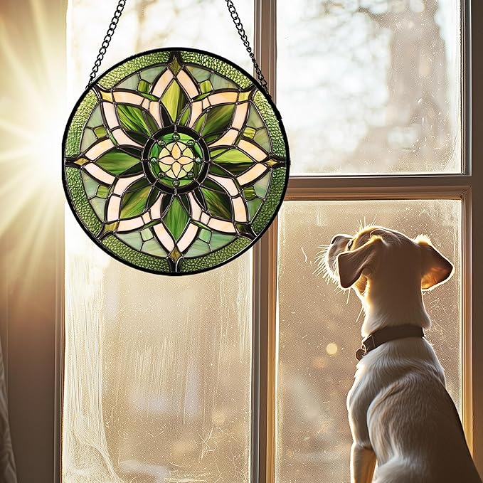 HWRHTR Stained Glass Window Hanging - White Green Boho Flower Suncatcher for Doors Window Home Sun Catchers Decor Christmas Mother's Day Birthday Gifts for Teacher Women Men Mom Nana 9.8 in