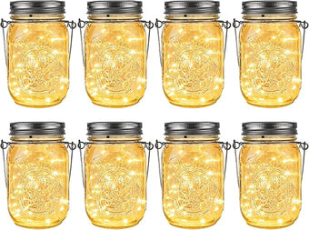 GIGALUMI Solar Mason Jar Lights, 8 Pack 30 Led String Fairy Lights Garden Lights Outdoor Waterproof Metal Lid Hanging Solar Lanterns for Outdoor, Garden, Patio, Lawn, Balcony Decoration