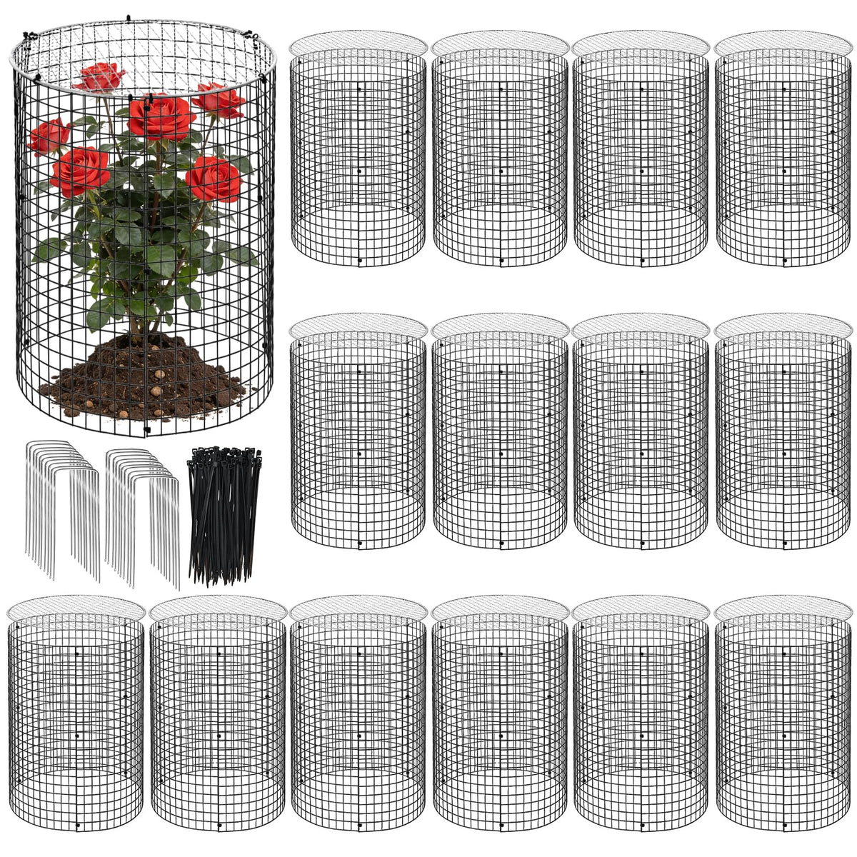 45 Pcs 24” x 12” Large Wire Plant Protector from Animals with Metal Cover, 15 Pack Metal Plant Cage Chicken Wire Cloche with 15Pcs Metal Covers to Keep Animals Out, Garden Protection Bunny Barricade