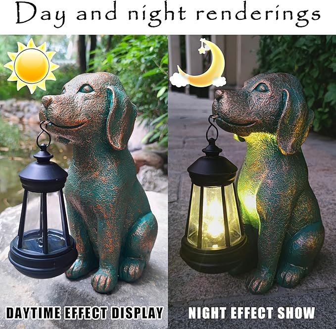 Dog Garden Statue Outdoor Décor with Solar Lights Lantern,Dog Solar Light Figurines Outside Decorations for Yard，Lawn ,Patio, Balcony, Unique Housewarming Gifts