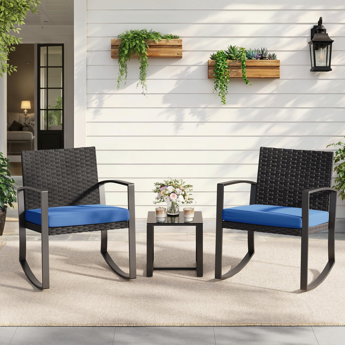 Qsun 3 Piece Patio Bistro Set Patio Furniture Set Outdoor Wicker Rocking Furniture Conversation Set with Tempered Glass Coffee Table for for Front Porch Balcony and Deck (Blue Cushion)