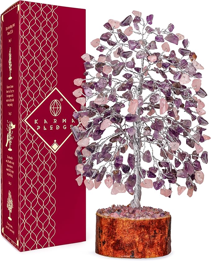 Chakra Healing Crystal Tree of Life for Birthday Gifts for Women, Home and Office Decor for Positive Energy & Good Luck, Spiritual Gifts, Feng Shui Money Trees (Rose, Amethyst Dual Beads)