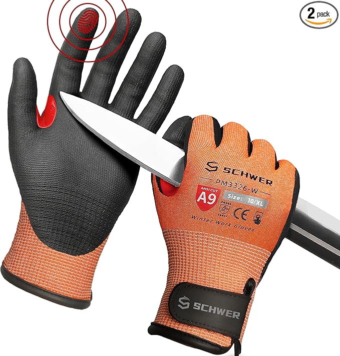 Schwer FreezeGuard-X Winter Work Gloves for Men and Women, ANSI A9 Cut Resistant Gloves for Extreme Protection, Freezer Glove With Super Grip, Thermal Insulated, Non PFAS, PM3326-W (XL,2 Pairs)