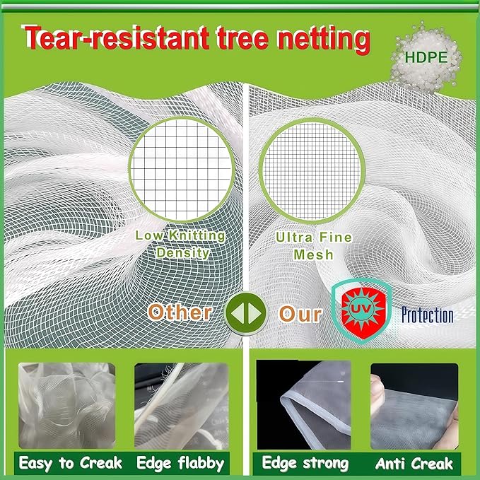 Fruit Tree Netting with Drawstring & Zipper - 3 Pack 6x7.2 FT - Reusable Plant Protection Bag, Heavy Duty PE Mesh Cover for Blueberry Bushes - Blocks Birds/Deer/Squirrels