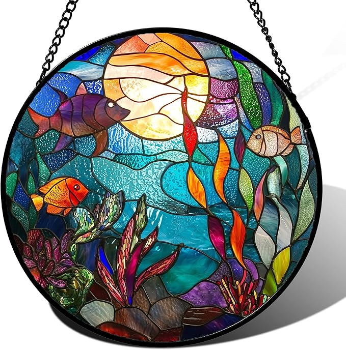 Stained Glass Window Hanging - Blue Ocean World Small Fish Coral Sun Catcher for Door Garden Home Decor Sea Suncatcher Christmas Mother's Day Birthday Gifts for Women Men Mom Nana 7.8 in