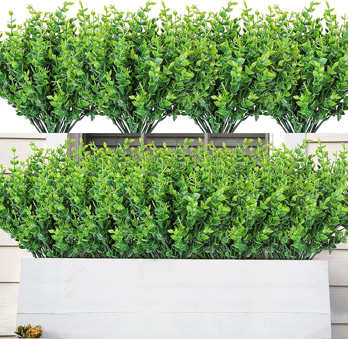 AmyHomie 20 Bundles Green Artificial Plants for Outdoor Spring Summer Decor UV Resistant Faux Wheat Grass Greenery Shrubs Eucalyptus Fake Plastic Plants Garden Porch Window Box Decorating